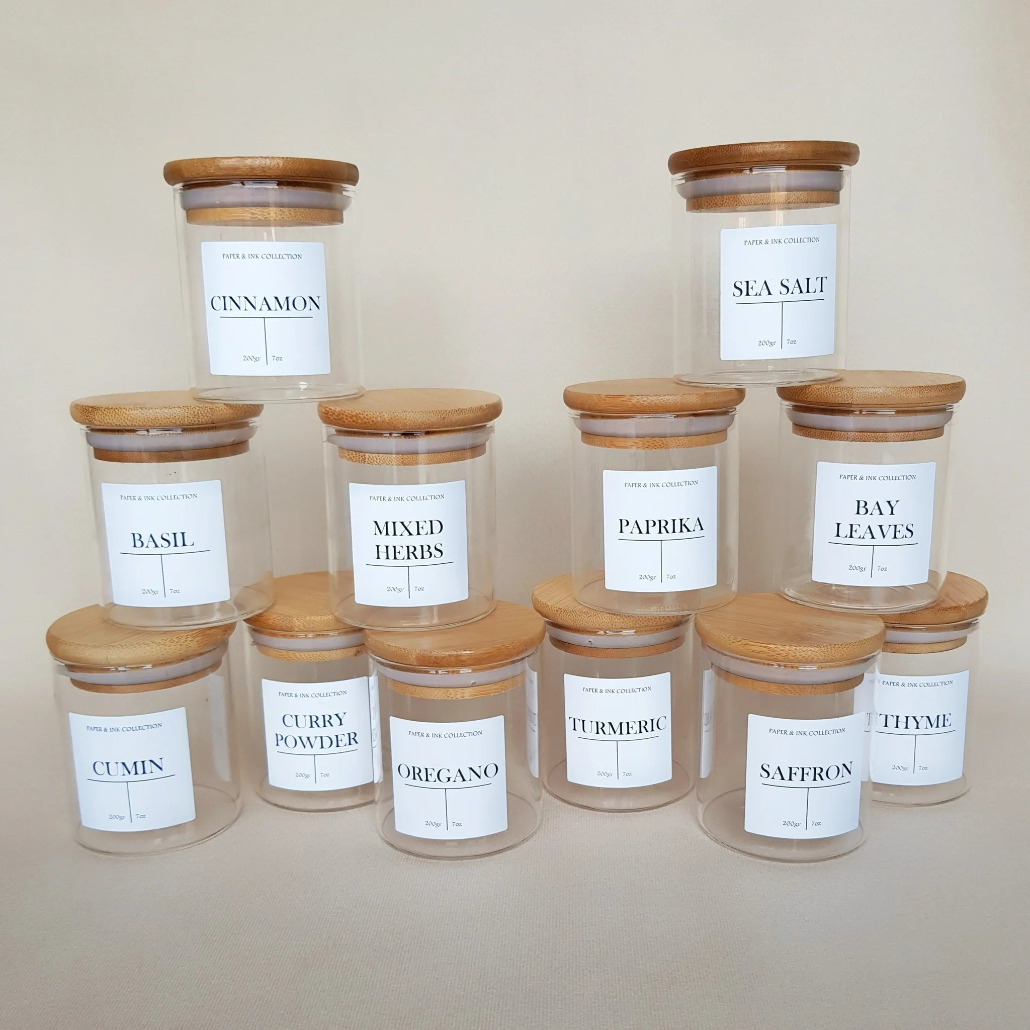 Wooden Lid Glass Spice Jars (120 ml) with FREE Spice Stickers